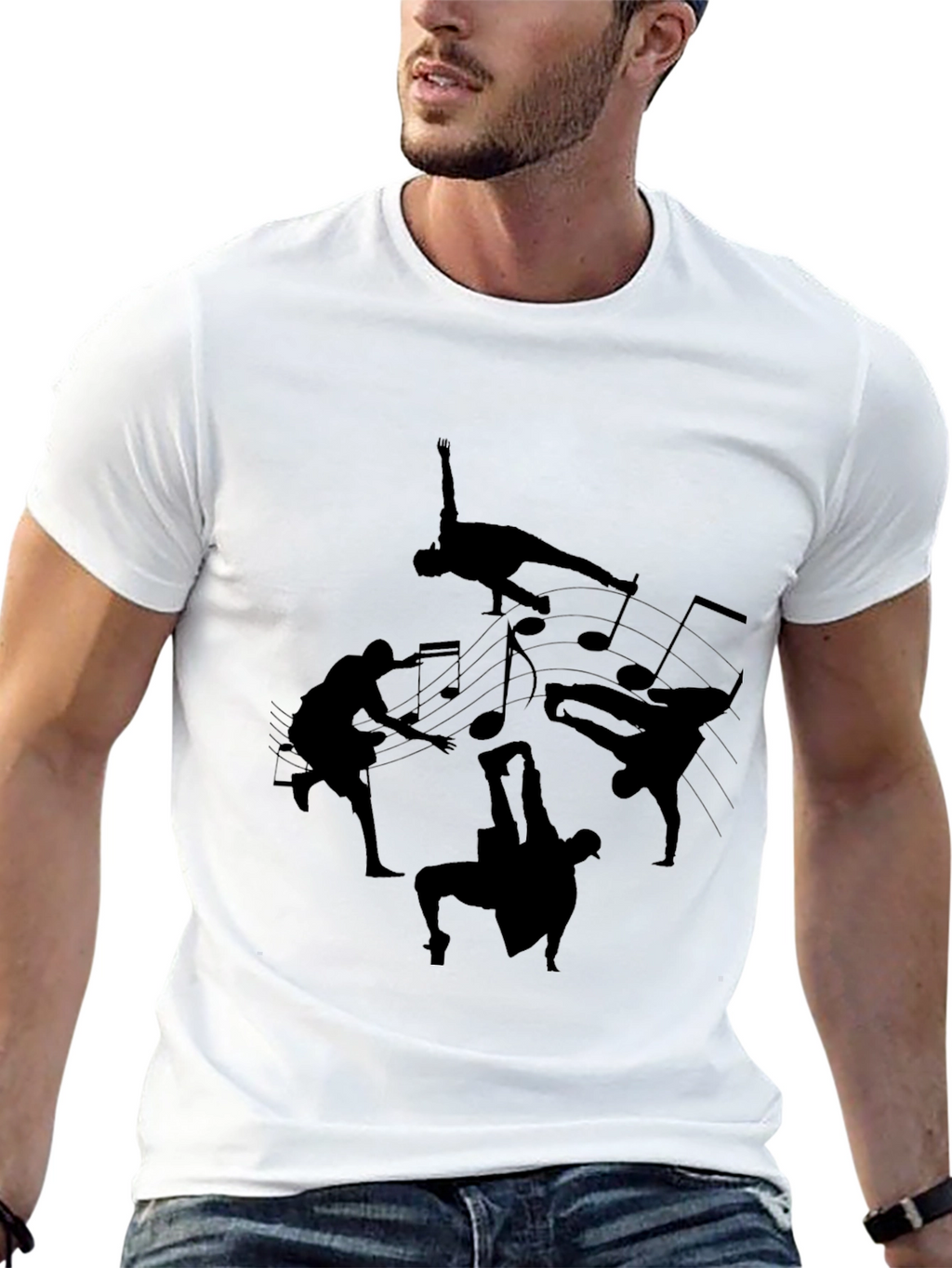 Black T-Shirt with Dance Silhouettes & Music Notes Design