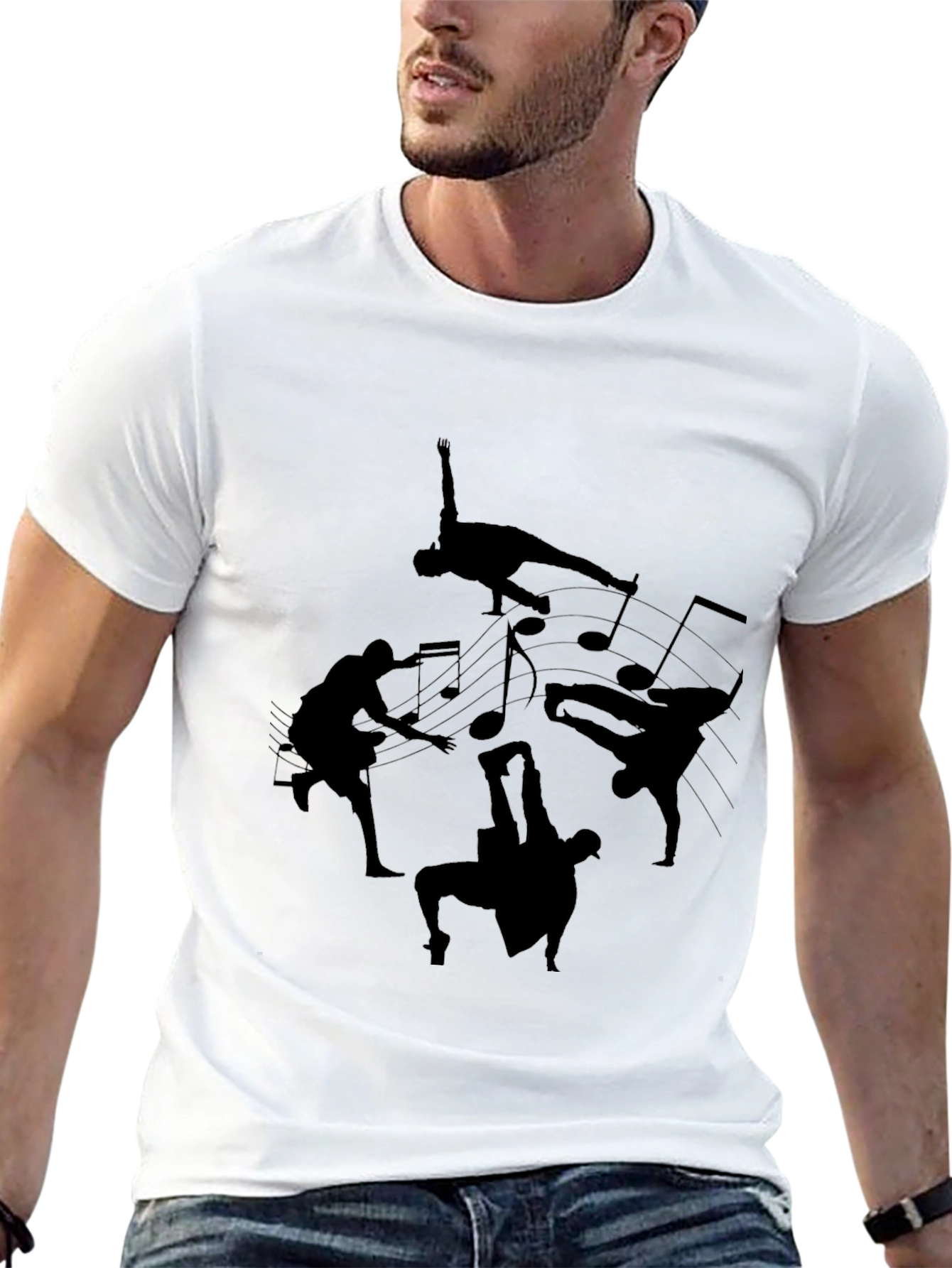 Black T-Shirt with Dance Silhouettes & Music Notes Design