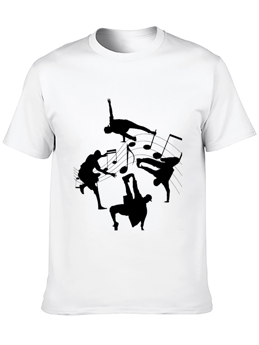 Black T-Shirt with Dance Silhouettes & Music Notes Design