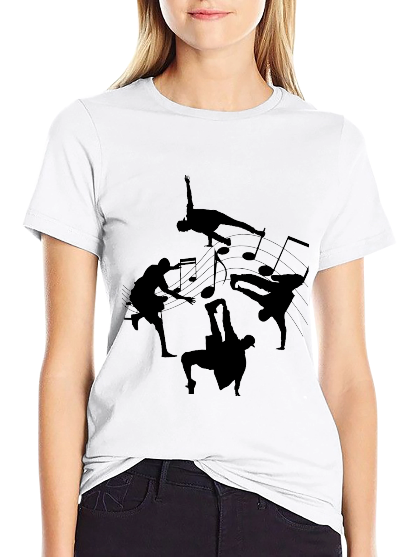 Black T-Shirt with Dance Silhouettes & Music Notes Design