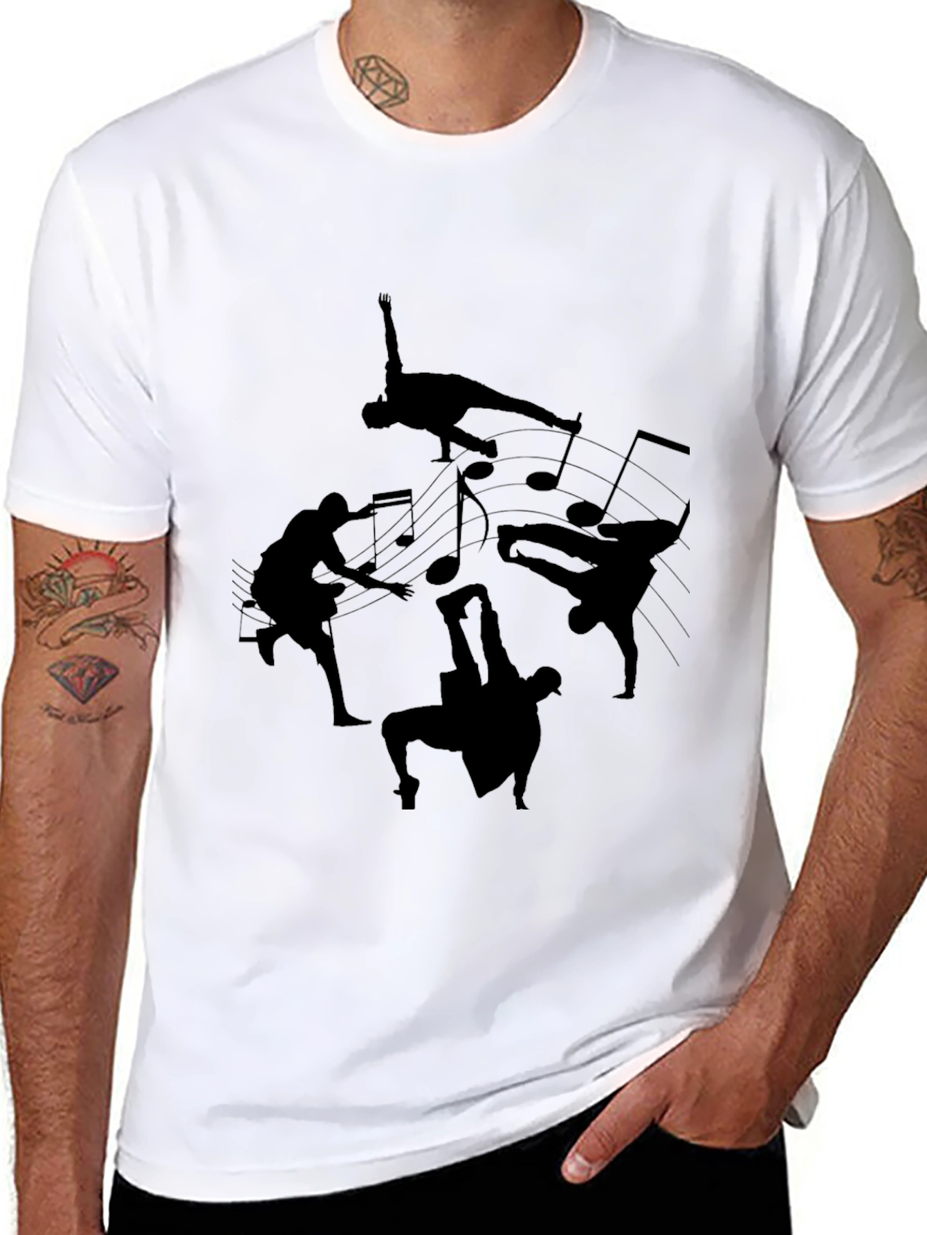 Black T-Shirt with Dance Silhouettes & Music Notes Design