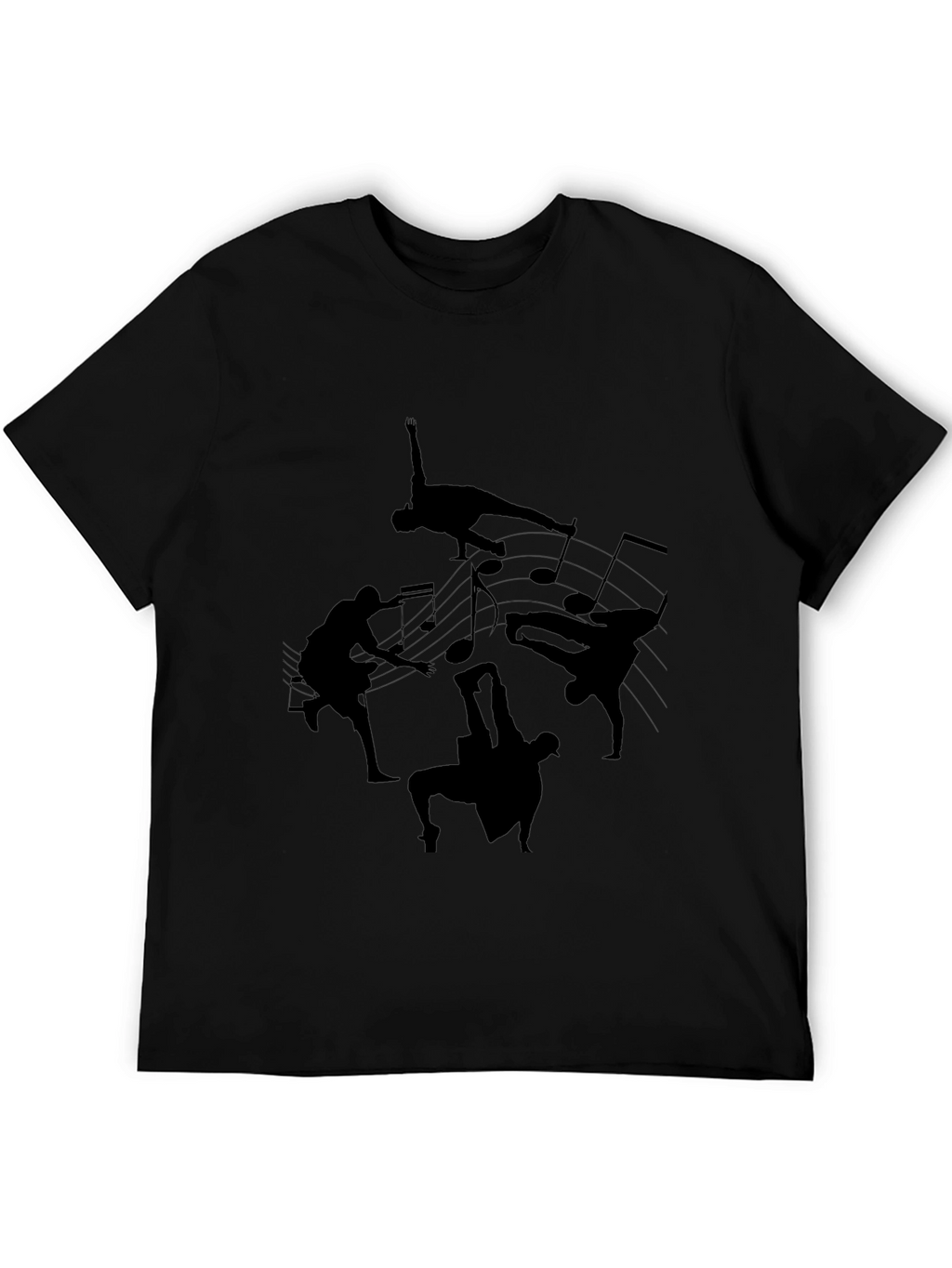 Black T-Shirt with Dance Silhouettes & Music Notes Design