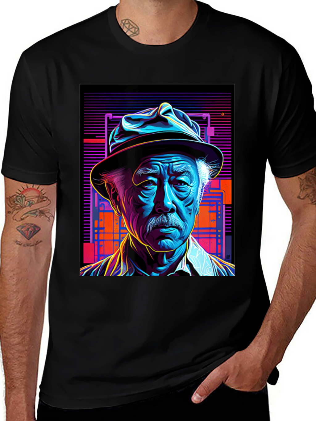 Retro Portrait Tee: Neon Cyberpunk Style