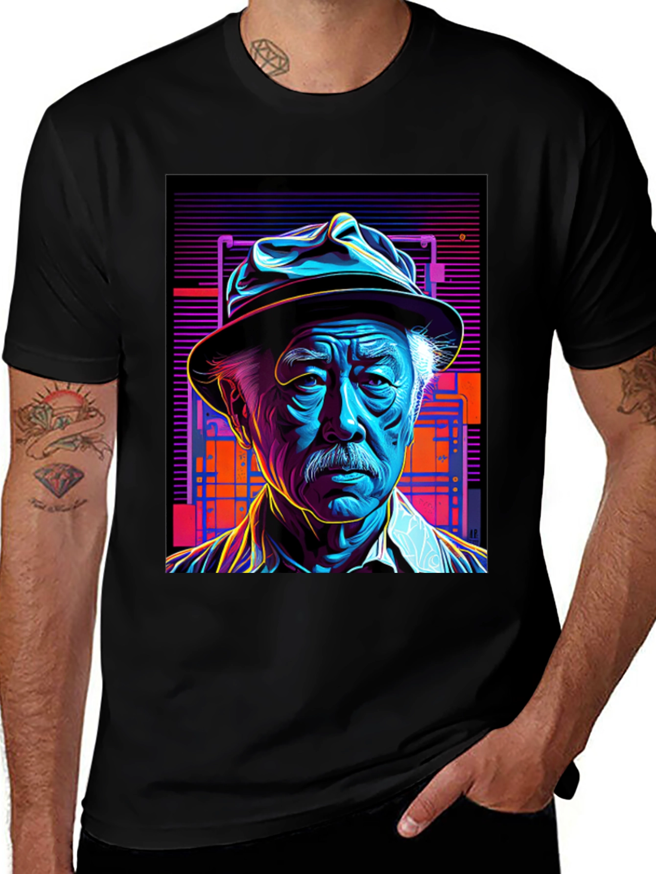 Retro Portrait Tee: Neon Cyberpunk Style