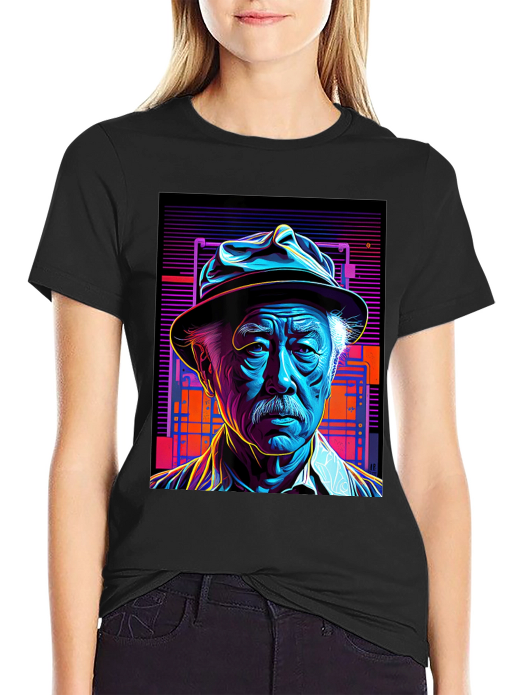Retro Portrait Tee: Neon Cyberpunk Style