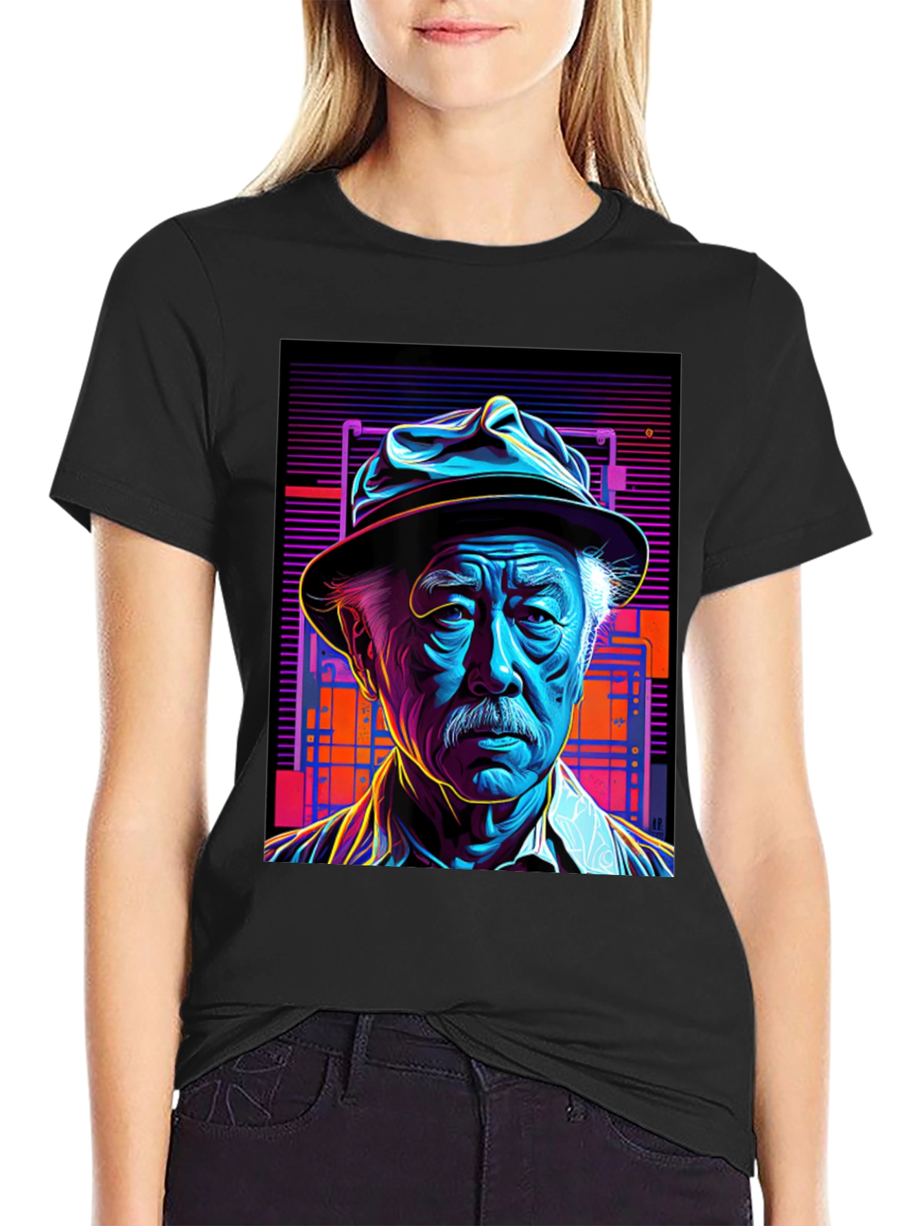 Retro Portrait Tee: Neon Cyberpunk Style