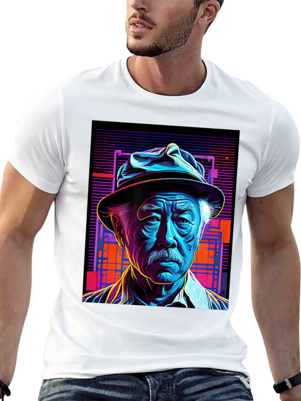 Retro Portrait Tee: Neon Cyberpunk Style