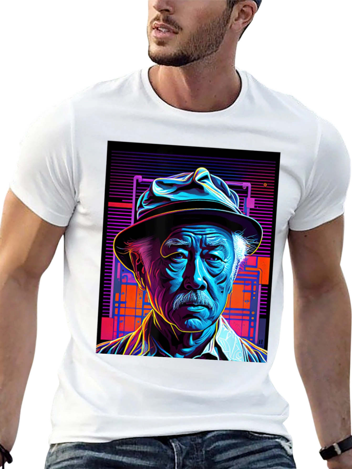 Retro Portrait Tee: Neon Cyberpunk Style