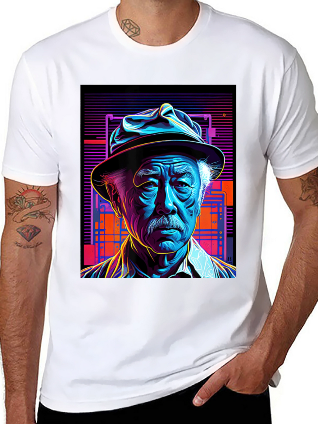 Retro Portrait Tee: Neon Cyberpunk Style