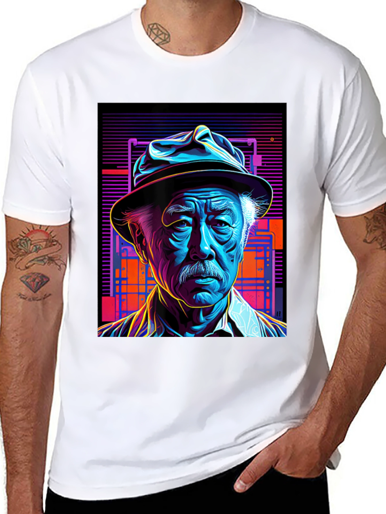 Retro Portrait Tee: Neon Cyberpunk Style