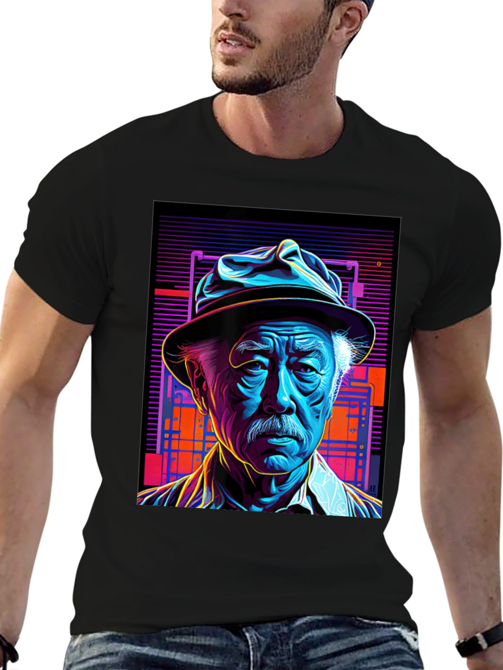 Retro Portrait Tee: Neon Cyberpunk Style