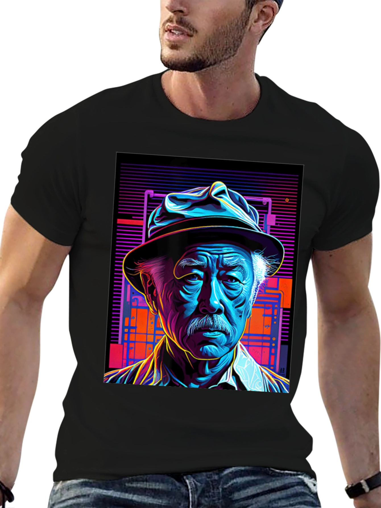 Retro Portrait Tee: Neon Cyberpunk Style