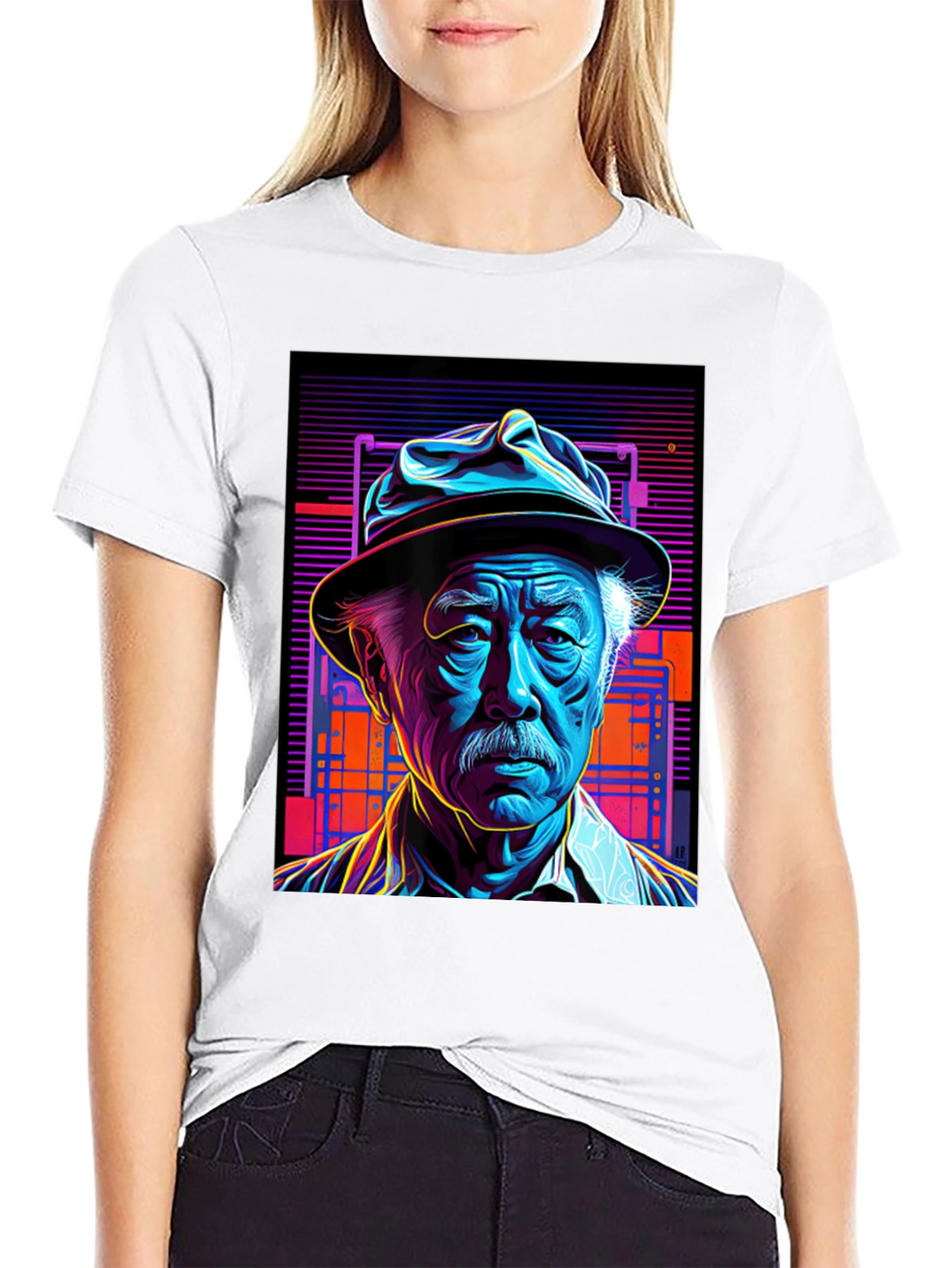 Retro Portrait Tee: Neon Cyberpunk Style