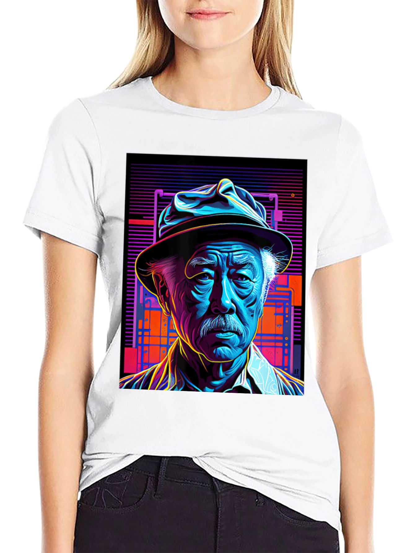 Retro Portrait Tee: Neon Cyberpunk Style
