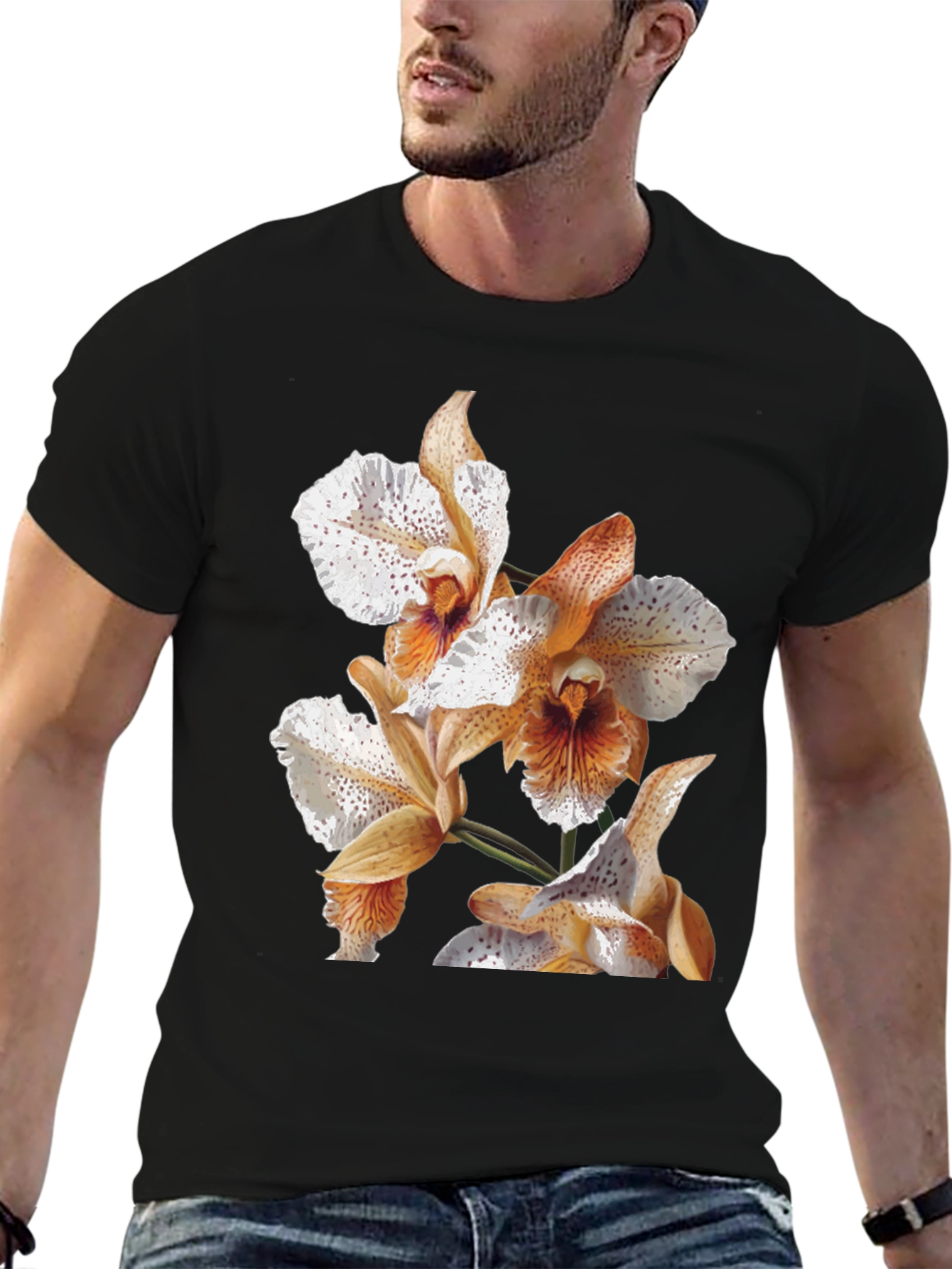 Orchid Print Black T-Shirt