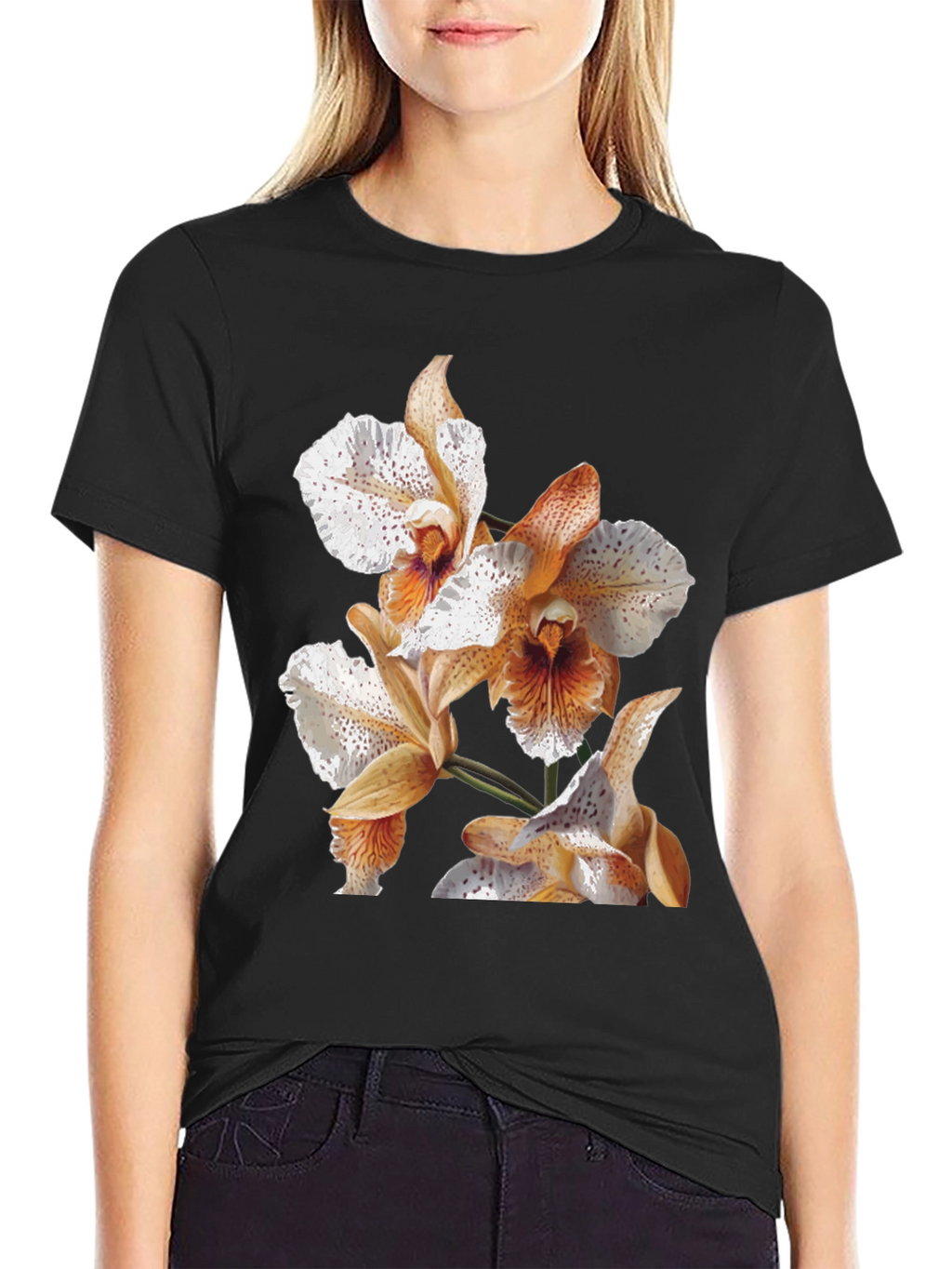 Orchid Print Black T-Shirt