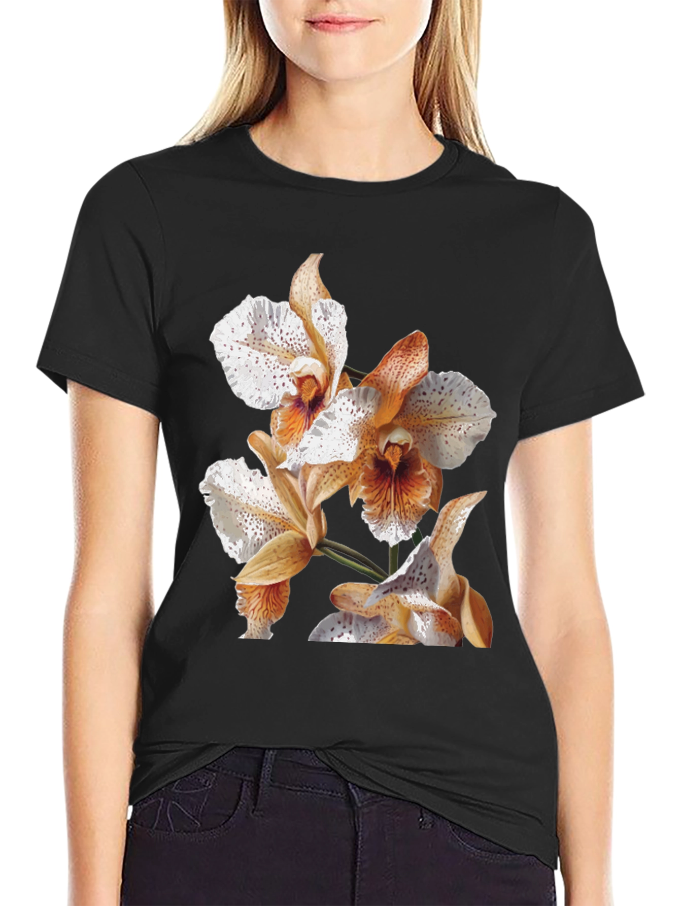 Orchid Print Black T-Shirt