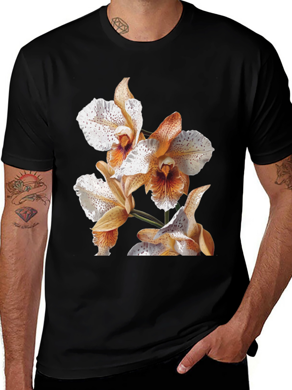 Orchid Print Black T-Shirt