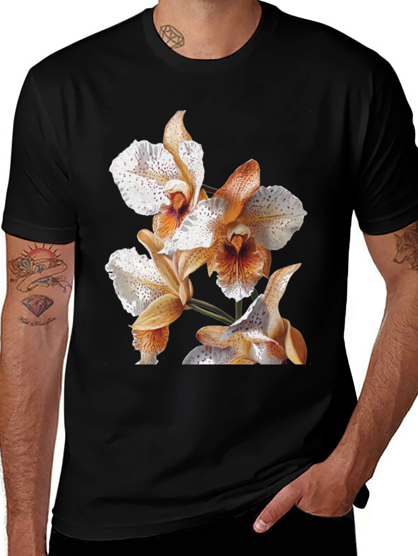 Orchid Print Black T-Shirt