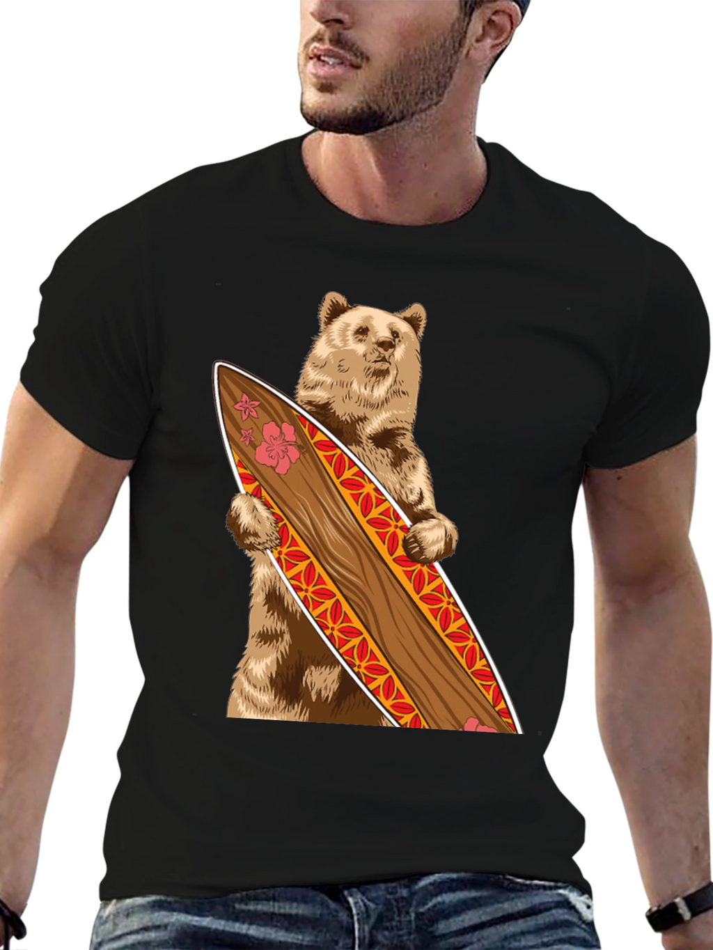 Bear Holding Surfboard Graphic Tee - Black