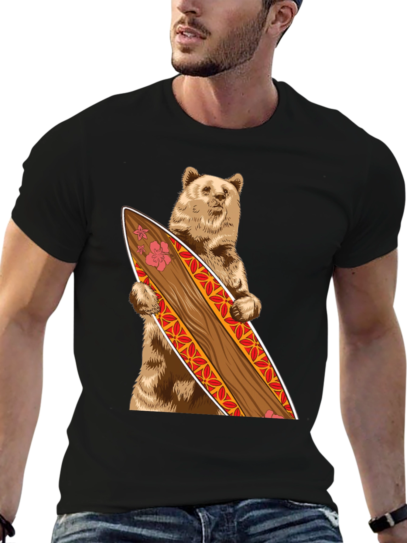 Bear Holding Surfboard Graphic Tee - Black