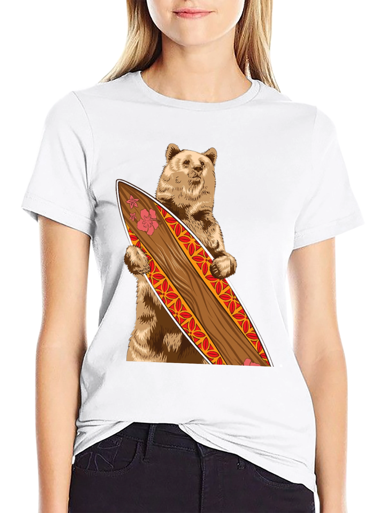 Bear Holding Surfboard Graphic Tee - Black