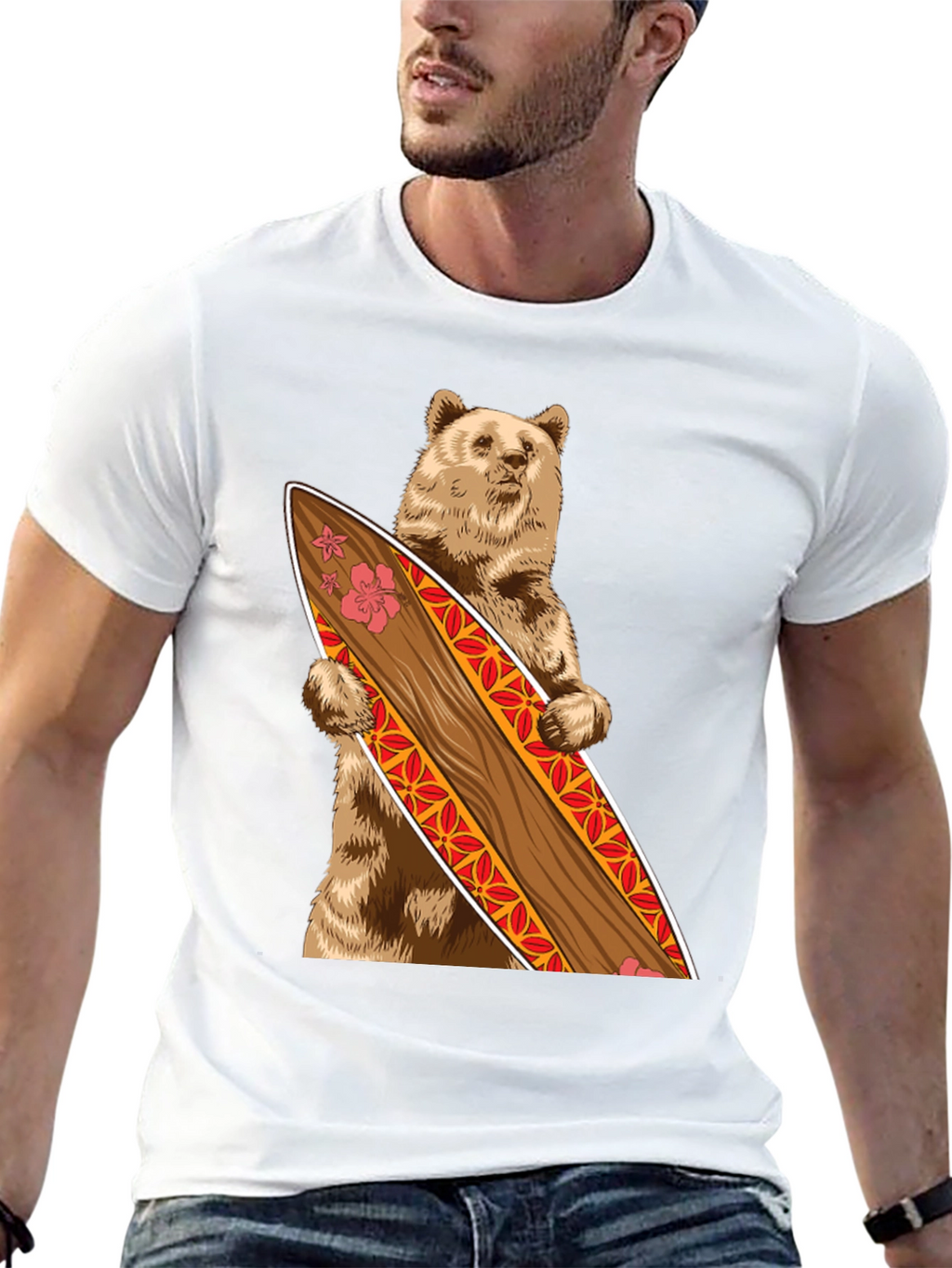 Bear Holding Surfboard Graphic Tee - Black