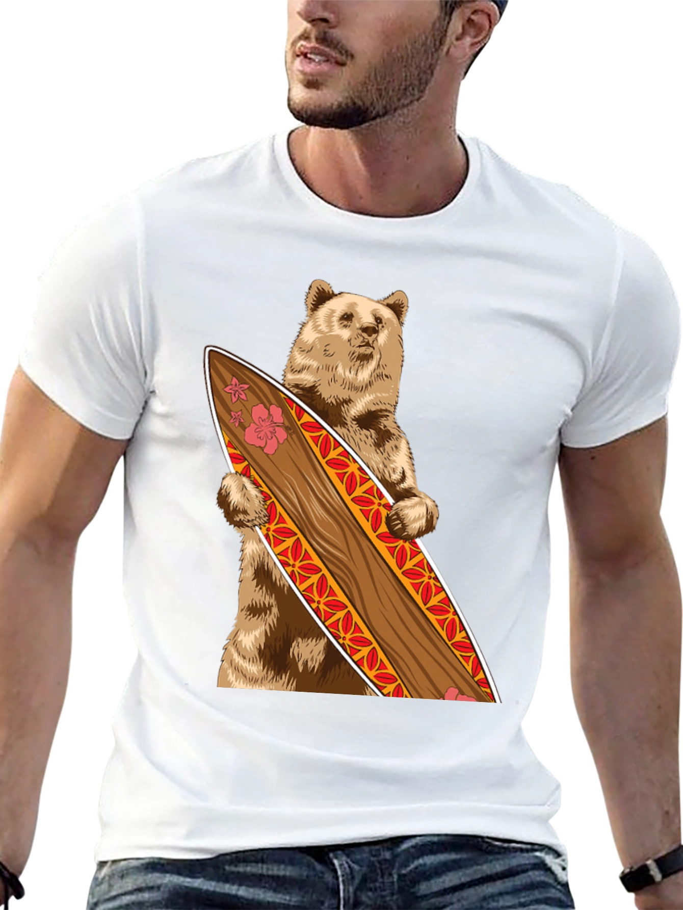 Bear Holding Surfboard Graphic Tee - Black