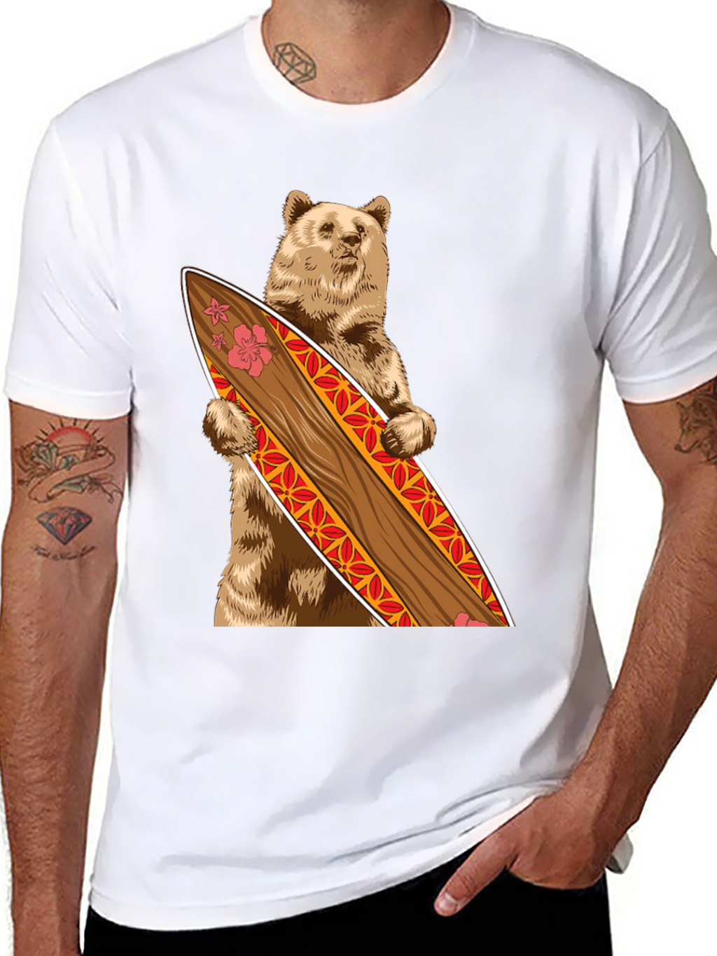 Bear Holding Surfboard Graphic Tee - Black
