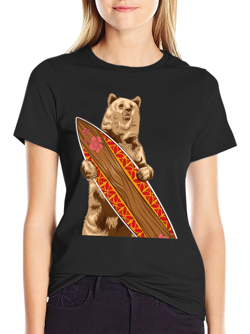 Bear Holding Surfboard Graphic Tee - Black