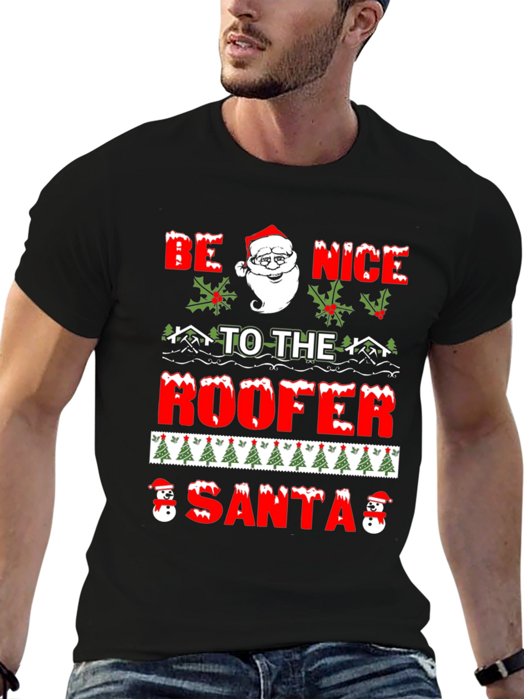 Be Nice To The Roofer Santa Christmas Graphic T-Shirt