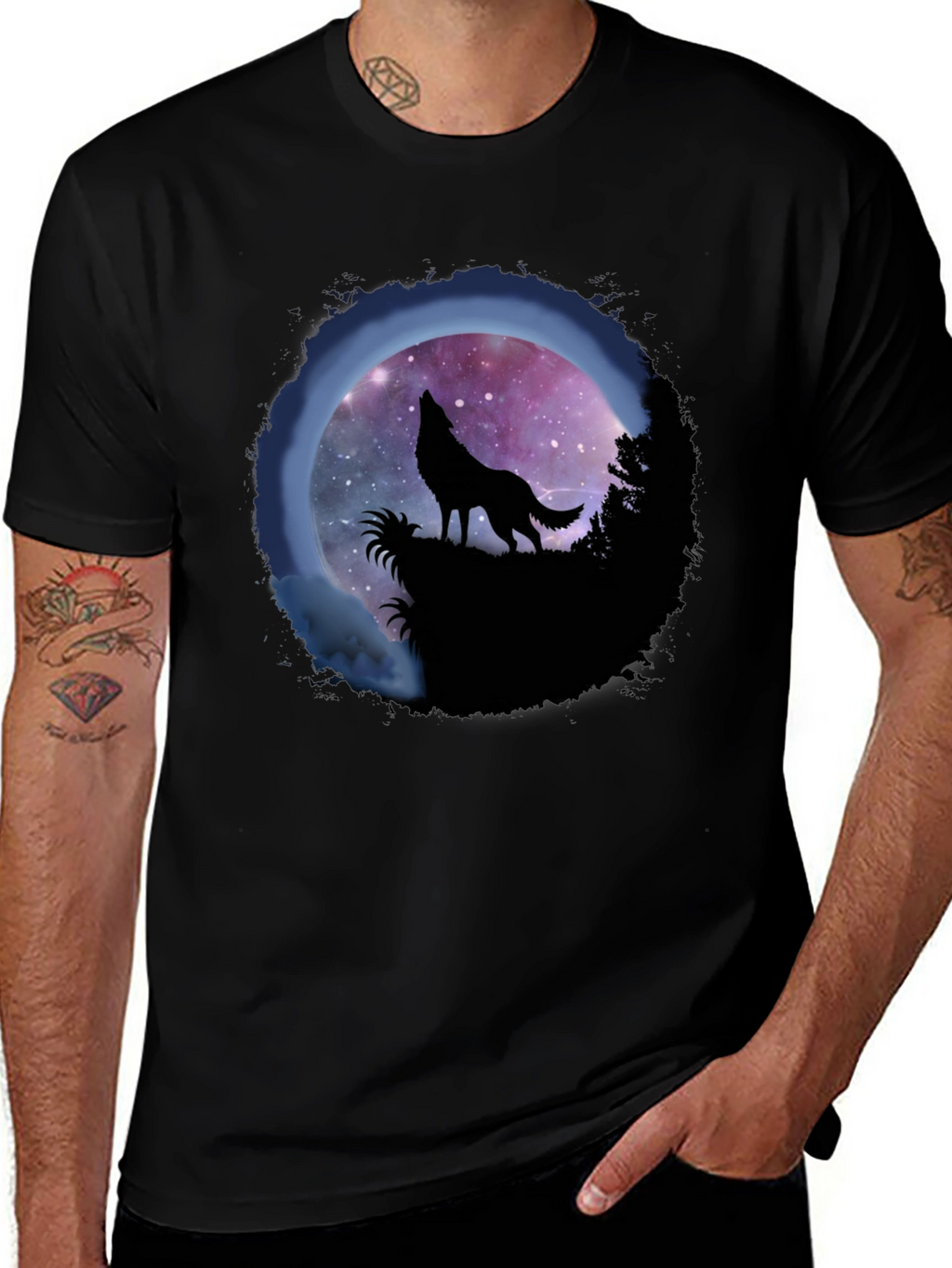 Wolf Howl Graphic Tee - Galaxy Moon Design