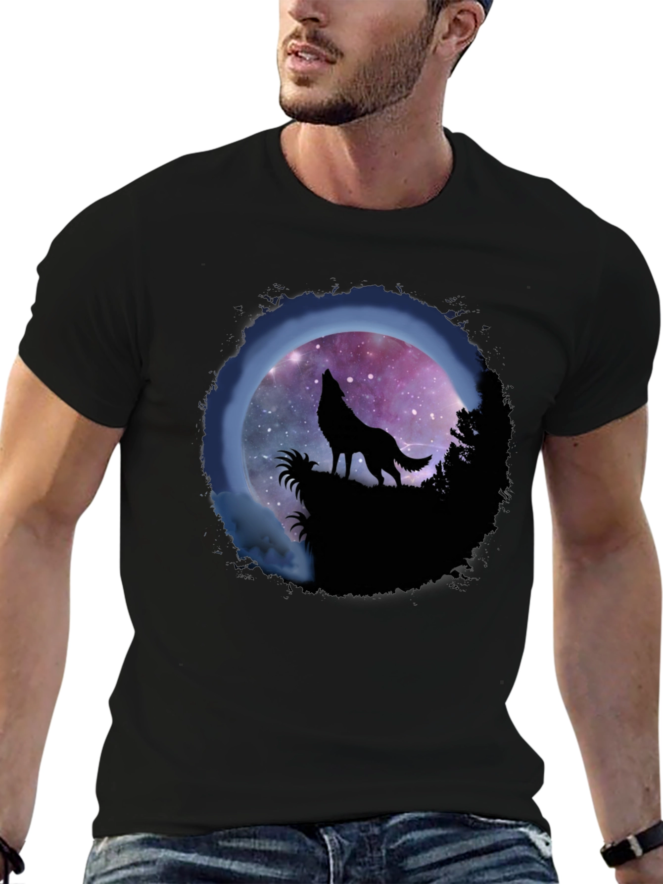 Wolf Howl Graphic Tee - Galaxy Moon Design