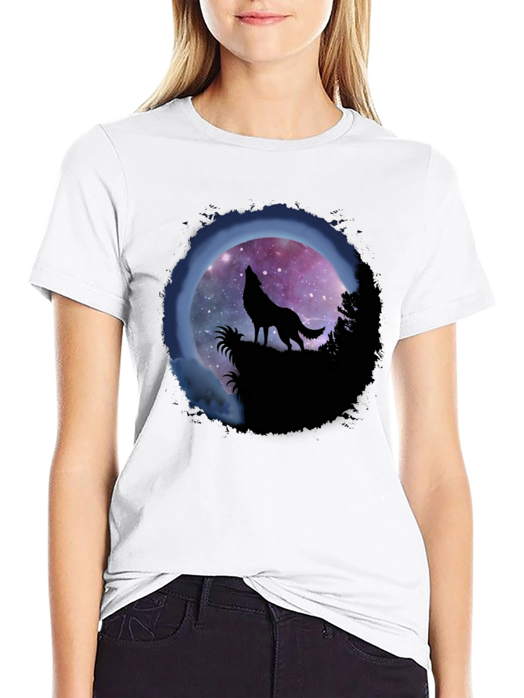 Wolf Howl Graphic Tee - Galaxy Moon Design