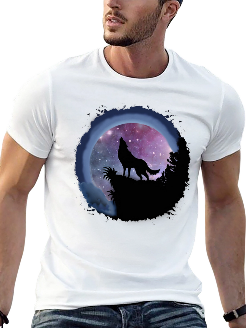 Wolf Howl Graphic Tee - Galaxy Moon Design