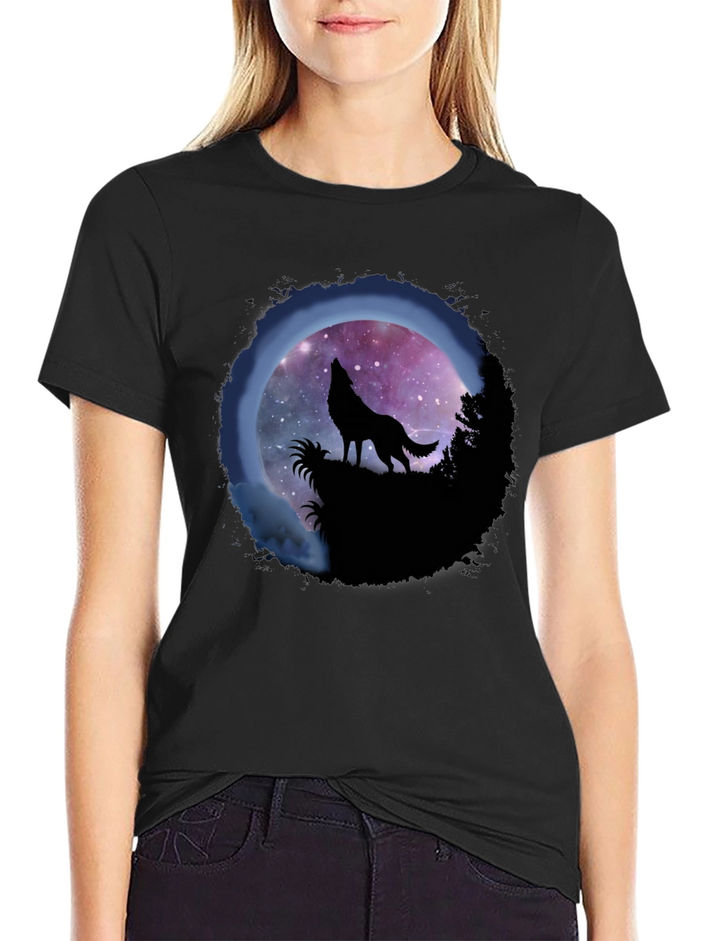 Wolf Howl Graphic Tee - Galaxy Moon Design