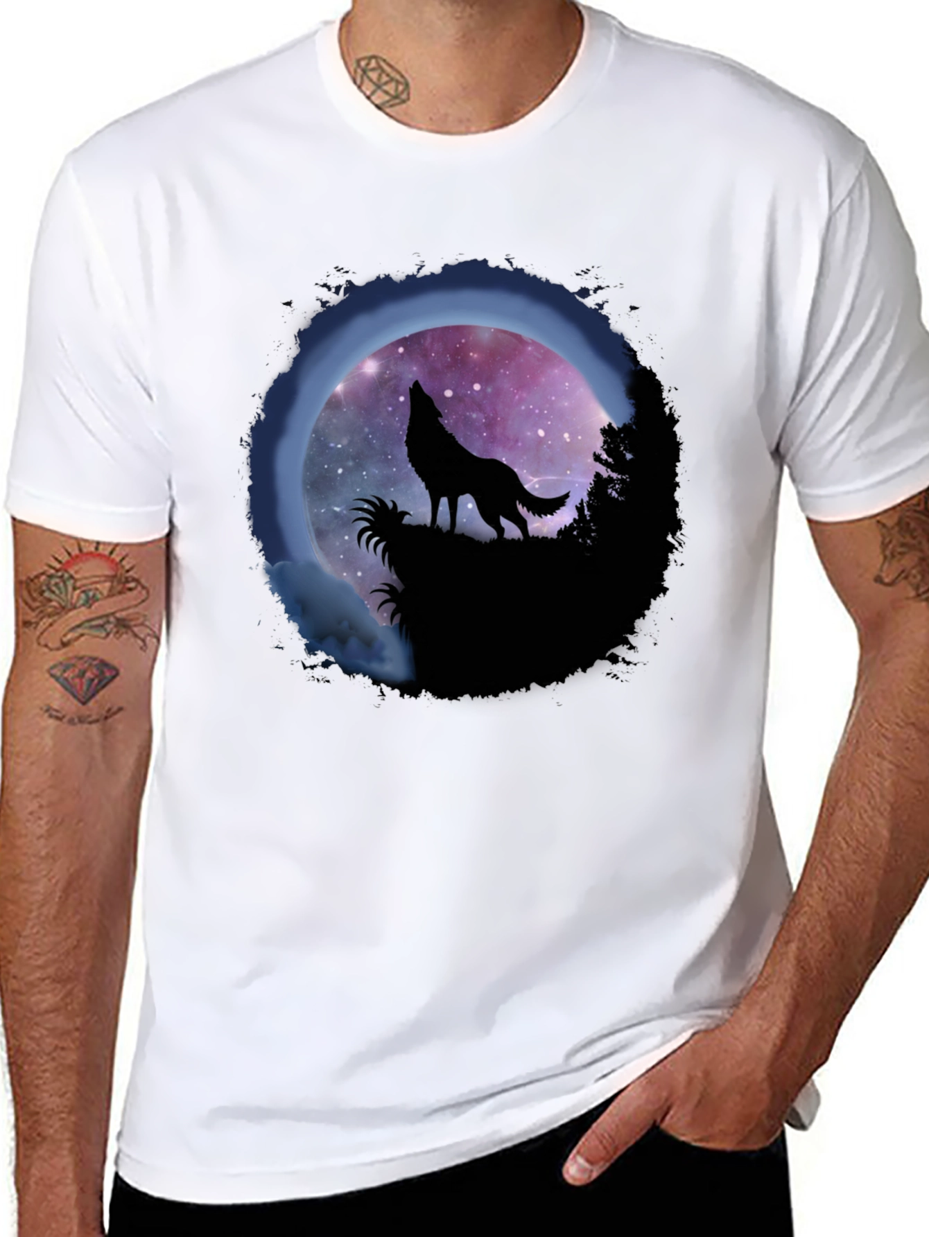 Wolf Howl Graphic Tee - Galaxy Moon Design