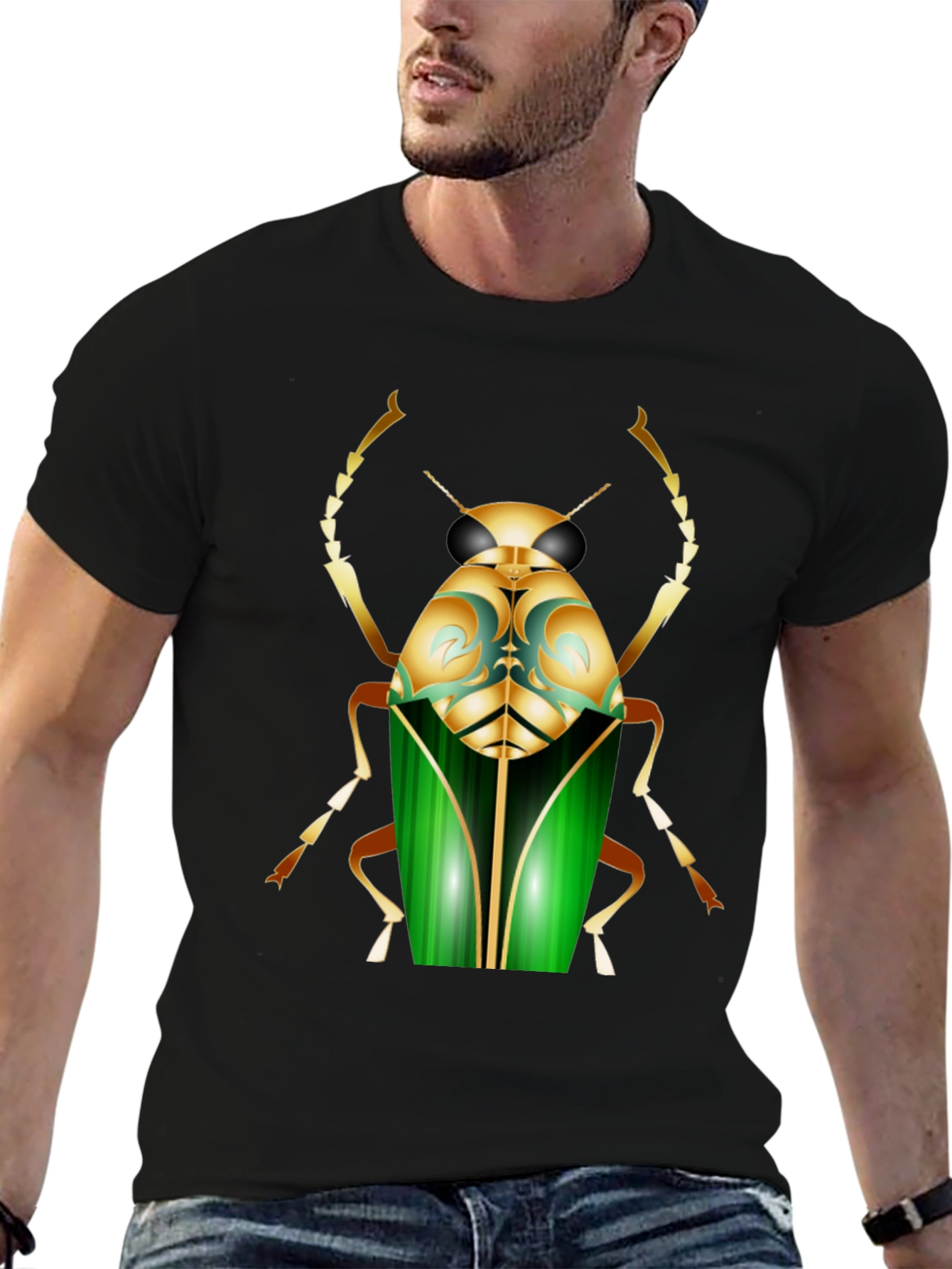 Mens Black T-Shirt with Bold Beetle Graphic