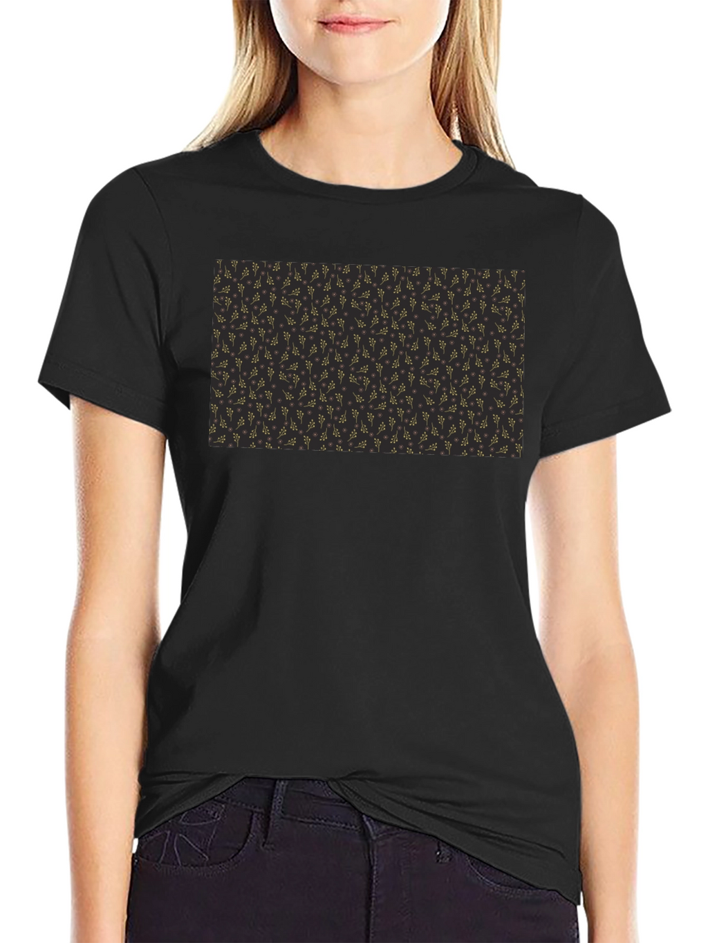 Elegant Black Tee with Gold Floral Pattern