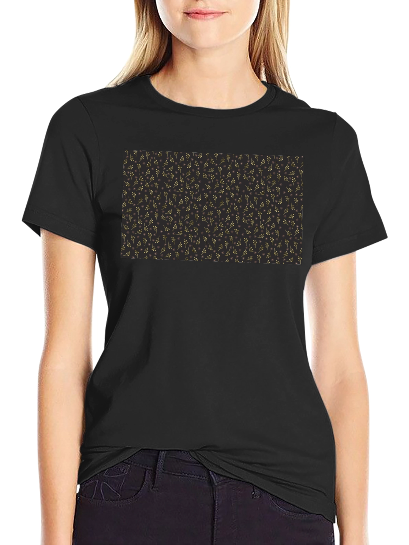 Elegant Black Tee with Gold Floral Pattern