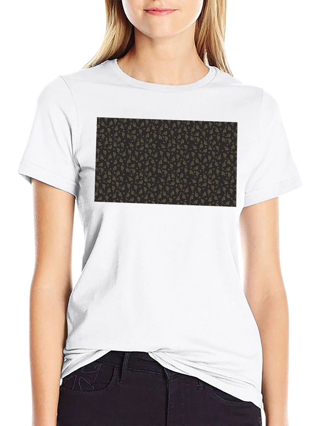 Elegant Black Tee with Gold Floral Pattern