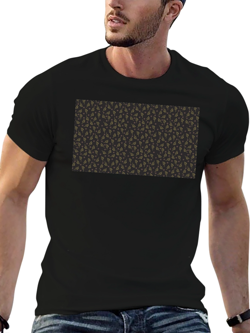 Elegant Black Tee with Gold Floral Pattern