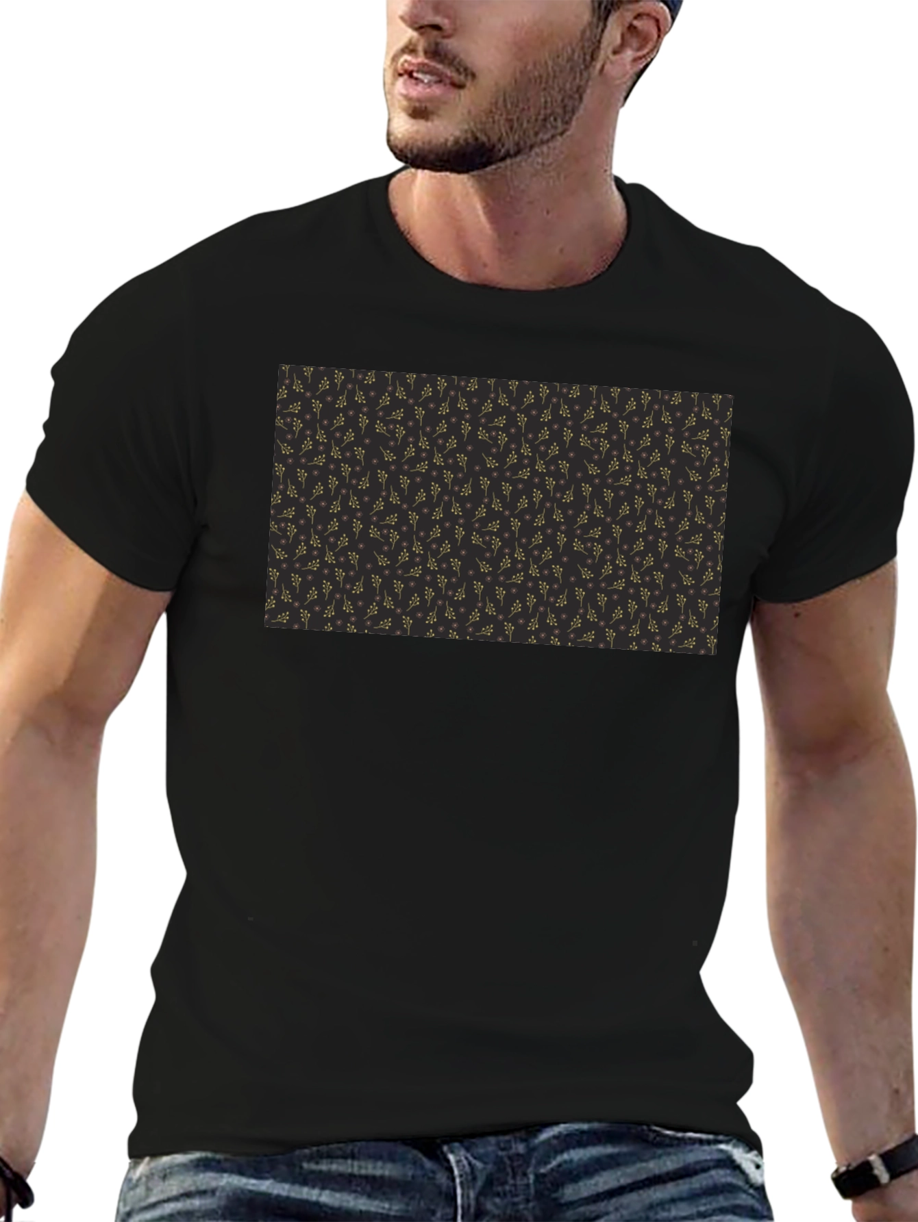 Elegant Black Tee with Gold Floral Pattern