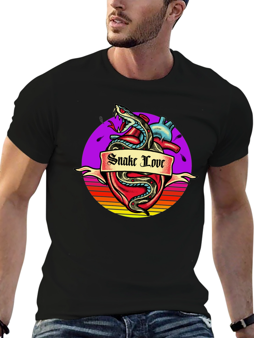Snake Love Heart Graphic Tee - Mens Black T-Shirt