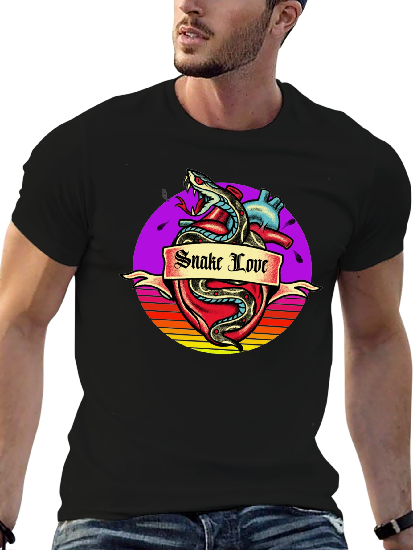 Snake Love Heart Graphic Tee - Mens Black T-Shirt