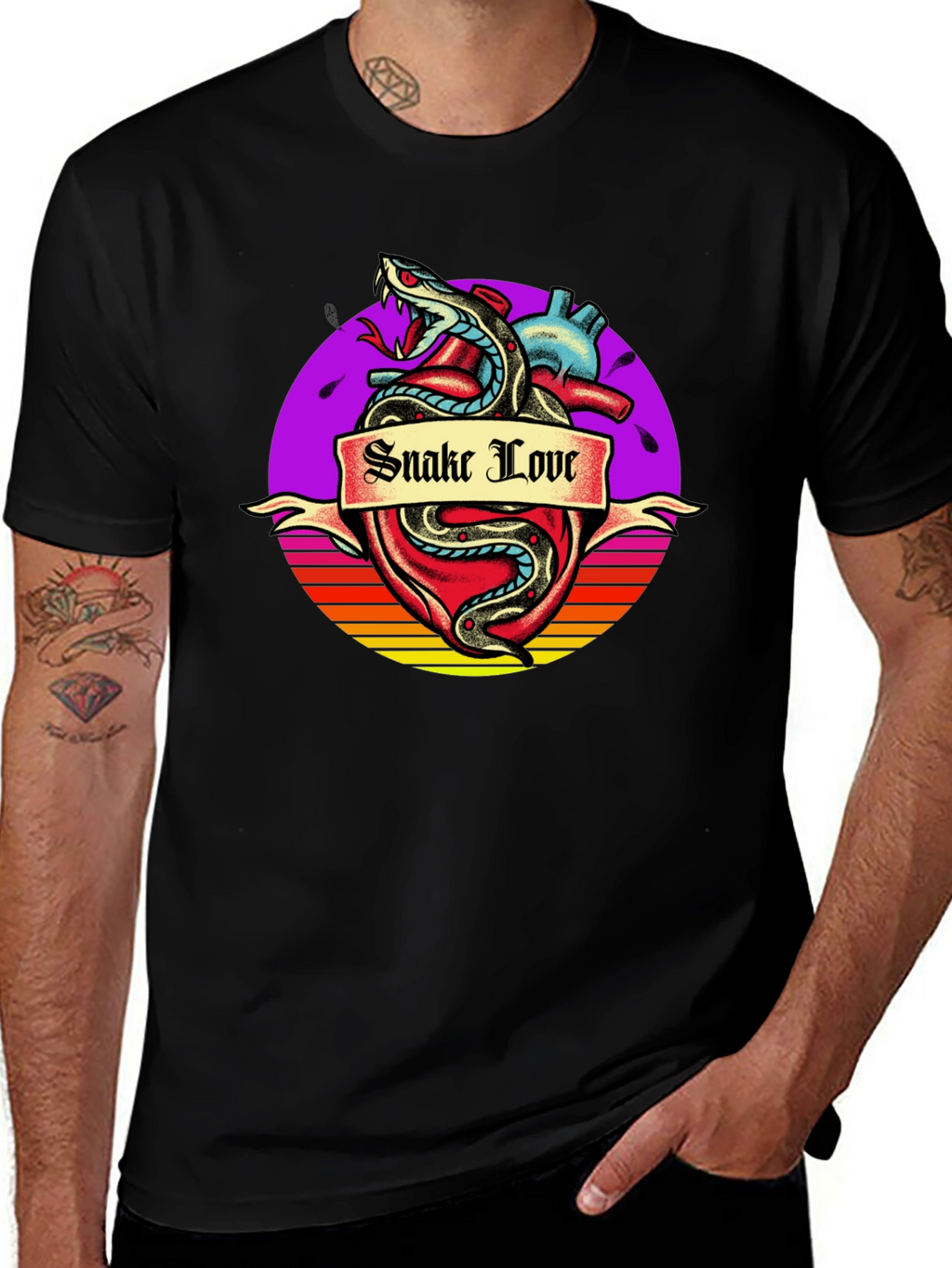 Snake Love Heart Graphic Tee - Mens Black T-Shirt