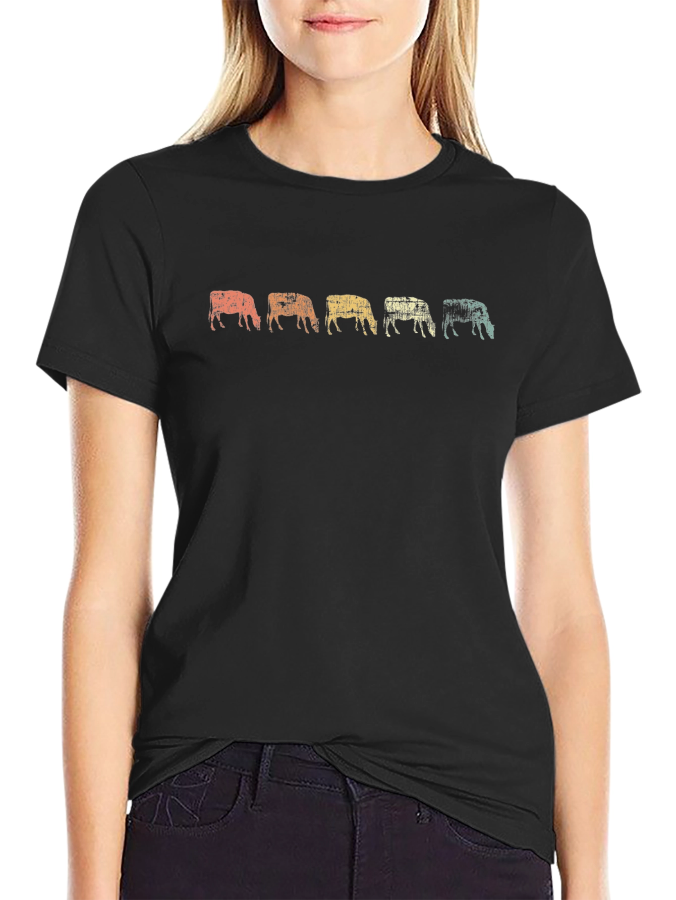 Retro Grazing Cows Graphic Tee - Black Cotton T-Shirt