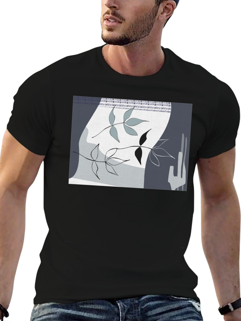 Abstract Leaf Design Black T-Shirt