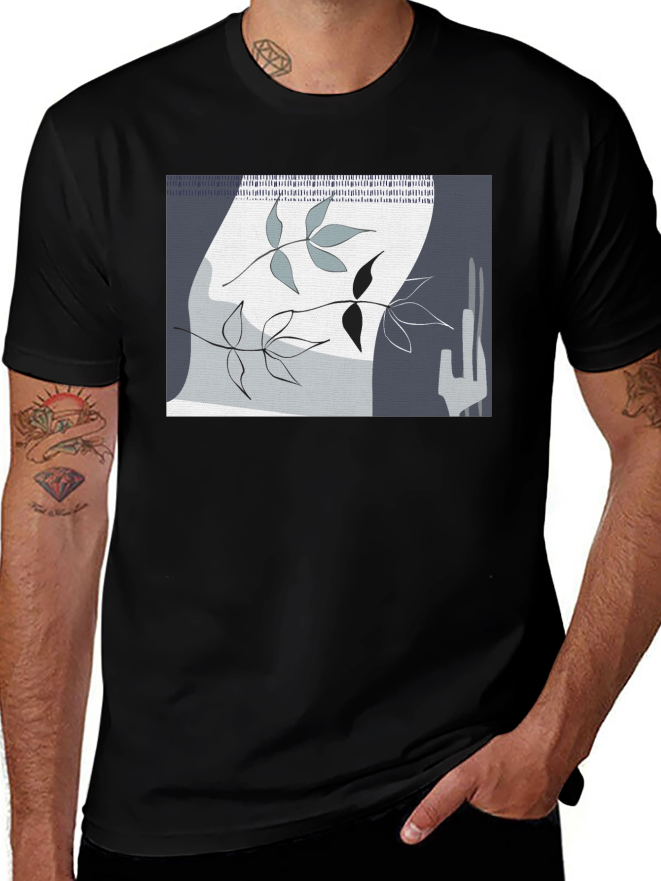 Abstract Leaf Design Black T-Shirt