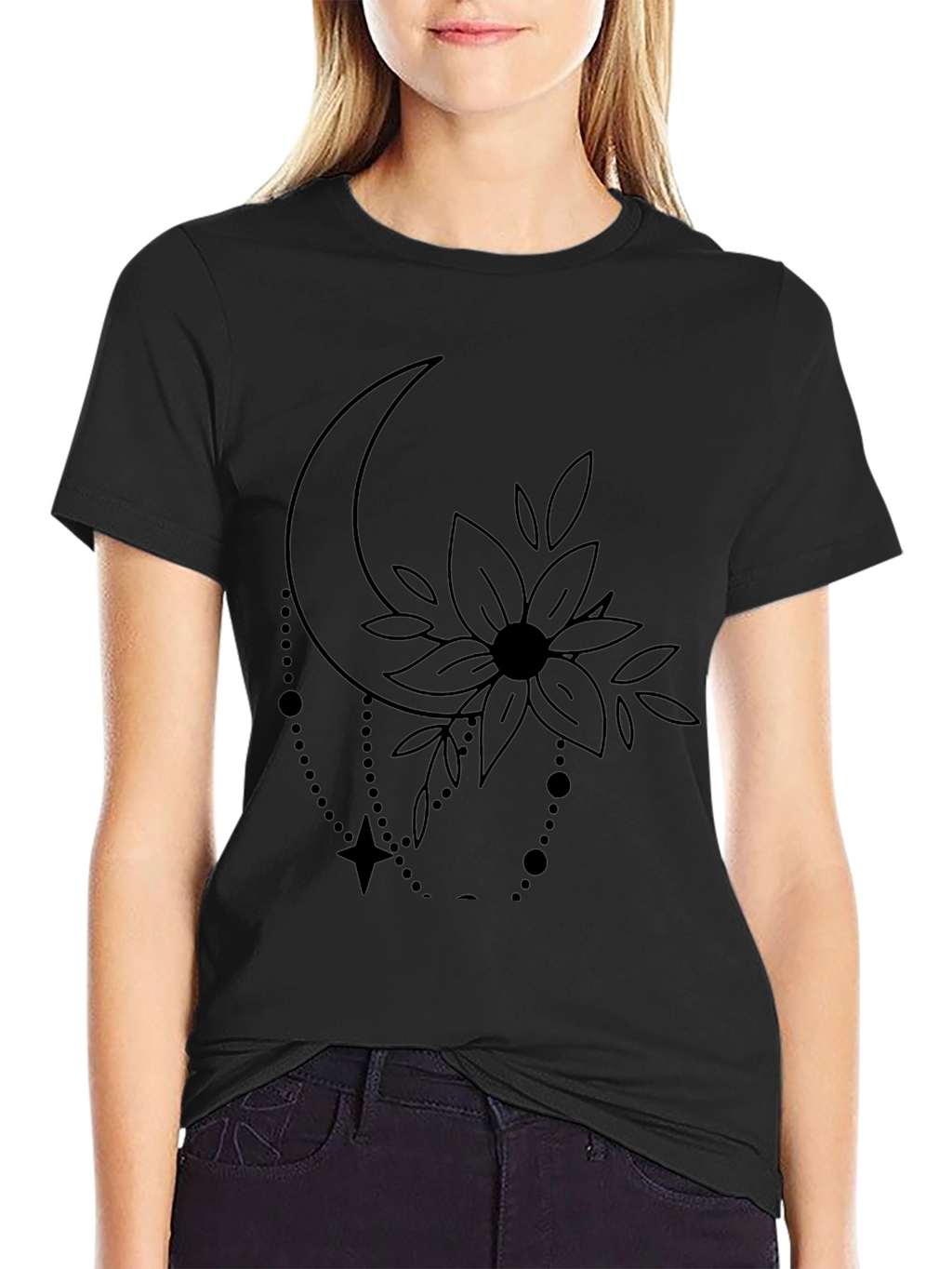 Moon Flower Graphic Print Black T-Shirt